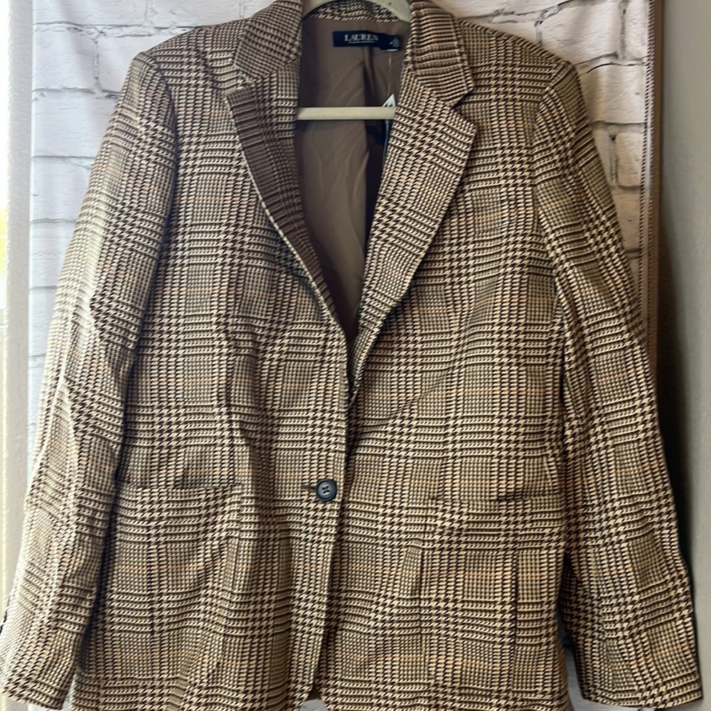 Ralph Lauren Women’s Brown Tan Houndstooth Blazer, NWT!